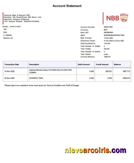Bahrain National Bank of Bahrain account statement Word and PDF